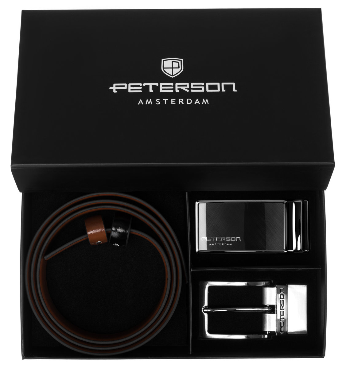 PETERSON Pasek skórzany męski 105 elegancki do spodni dwustronny czarny brązowy dwie wymienne klamry zestaw prezentowy