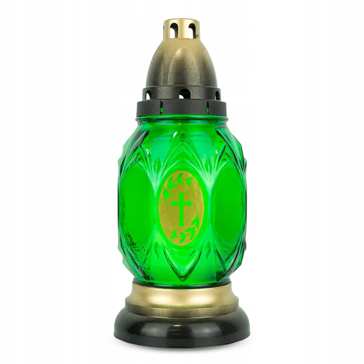 Znicz Szklany 26 cm Zielony DP736 Znicz z Krzyżem i Wkładem