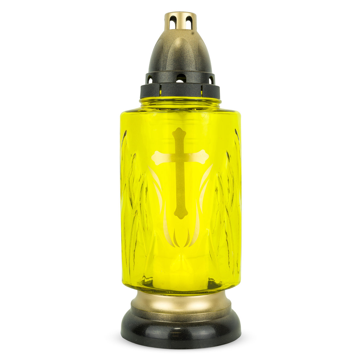 Znicz Szklany 30 cm Żółty DP735 Znicz Zdobiony Krzyżem z Wkładem Wymiennym