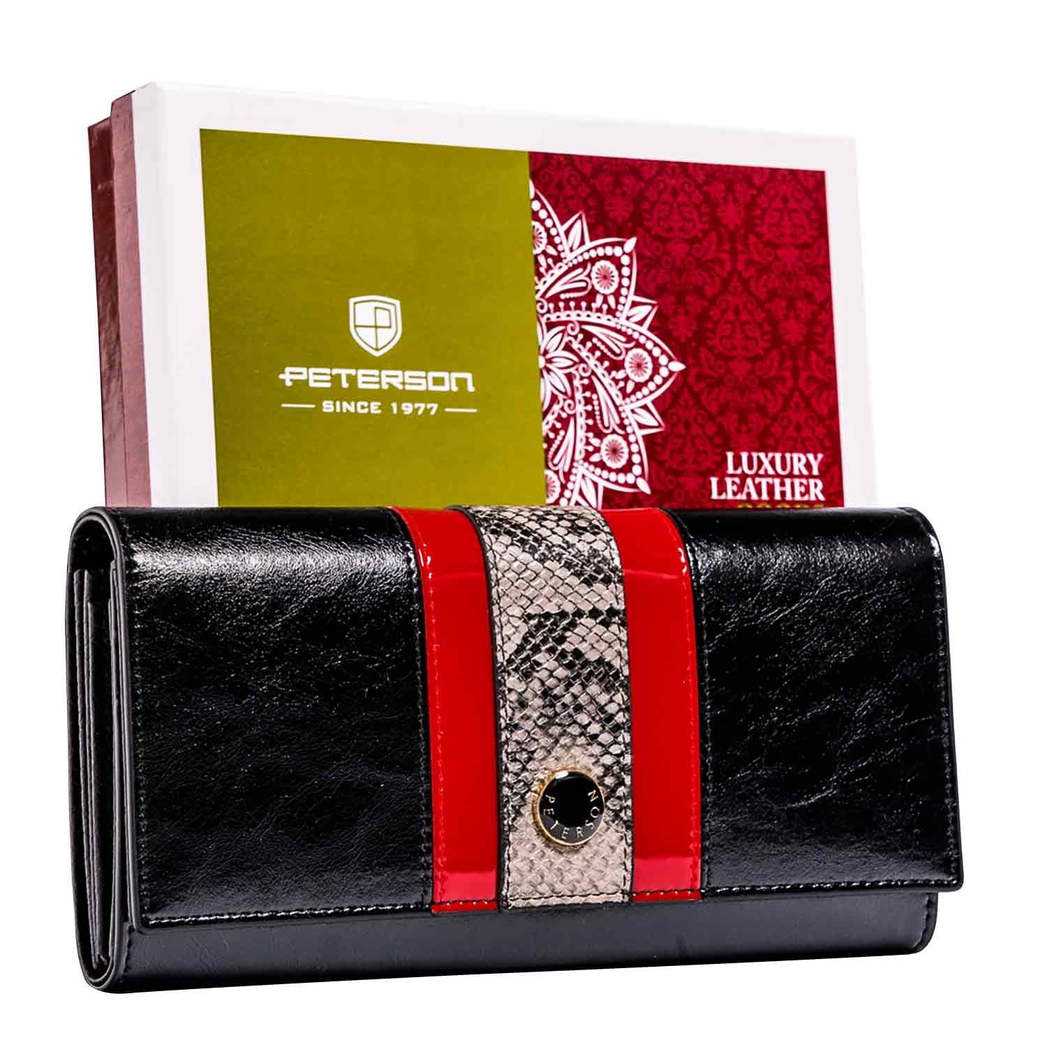 Portfel damski skórzany, czarny, wężowy motyw, Peterson, 9,5 x 18,5 x 3 cm, na zatrzask