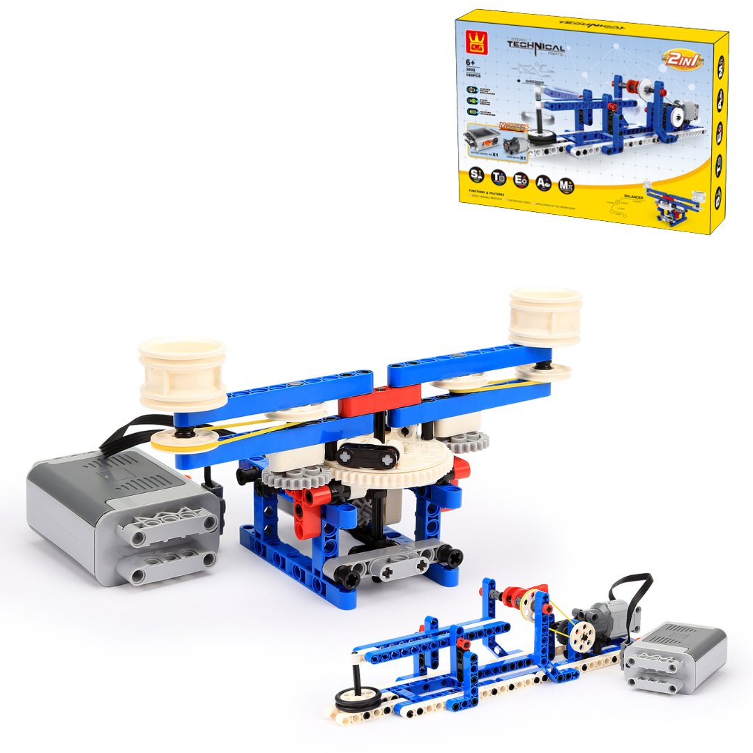 Klocki konstrukcyjne Wange 3802 - 2w1 Maszyny budowlane: Rozdrabniacz i Balansująca Maszyna, 180 elementów - Zestaw STEM