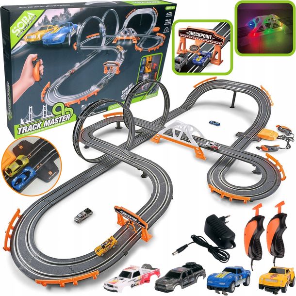 TOR WYŚCIGOWY Samochodowy ELEKTRYCZNY 2 AUTA ZASILACZ 838 cm XXL