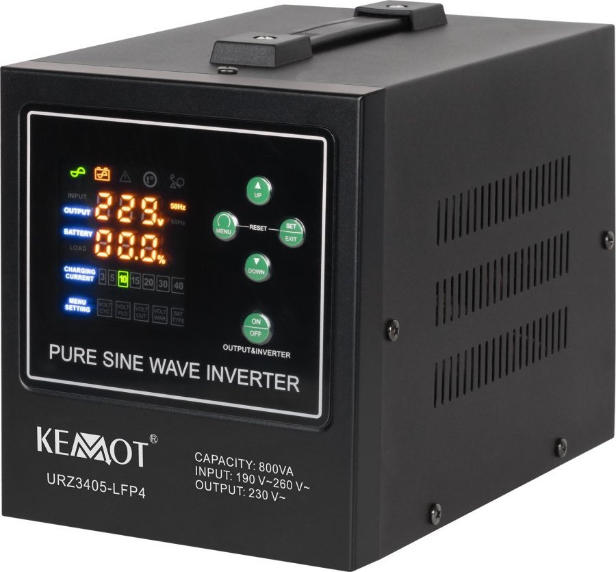 UPS Kemot Zasilacz awaryjny KEMOT PROsinus-800-LFP4 przetwornica z czystym przebiegiem sinusoidalnym i funkcją ładowania 12V 230V 800VA/500W