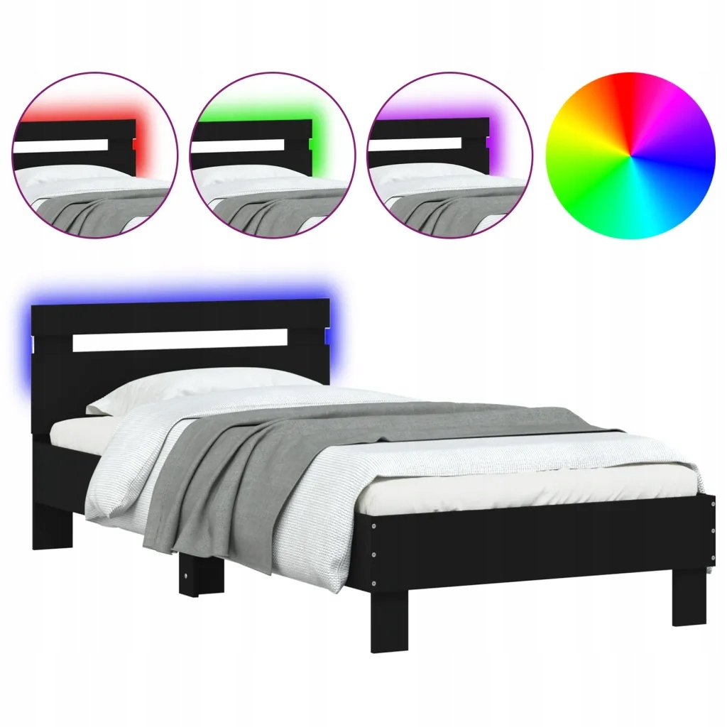 Rama łóżka z wezgłowiem i Led, czarna, 75x190