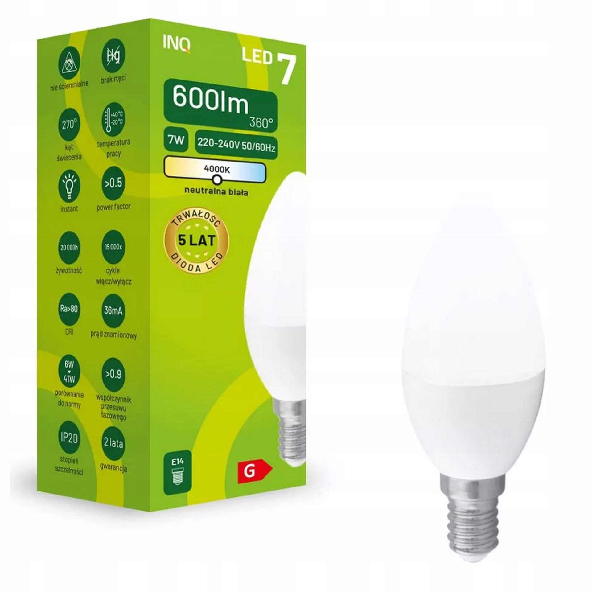 Inq E14 7W (41W) 600lm C37 świeczka 4000K neutral