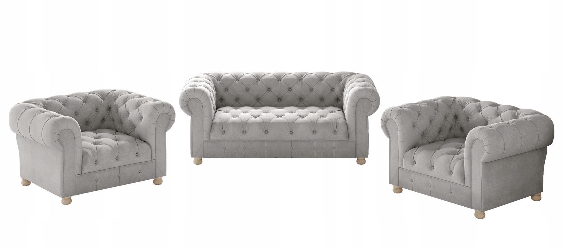 Pikowany komplet wypoczynkowy 2+1+1 Chesterfield tkanina Whisper srebrny