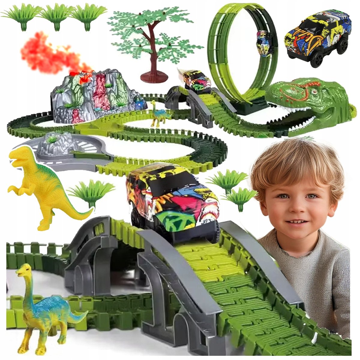 TOR WYŚCIGOWY DLA DZIECI DINOZAURY DINO PARK 237 ELEMENTÓW AUTO AKCESORIA