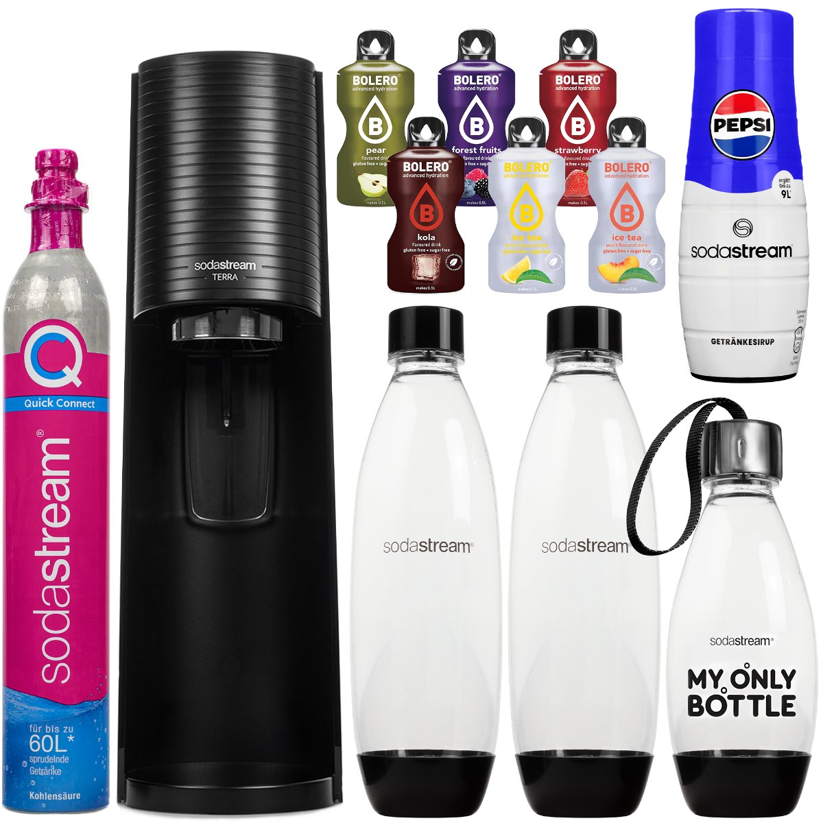 Saturator do wody SODASTREAM Terra - czarny ekspres do gazowania 3 butelki bez BPA syrop Pepsi saszetki Bolero