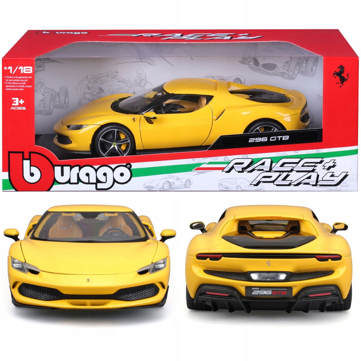 Ferrari 296 GTB 1:18 Bburago 18-16018 ŻÓŁTY WŁOSKI SAMOCHÓD