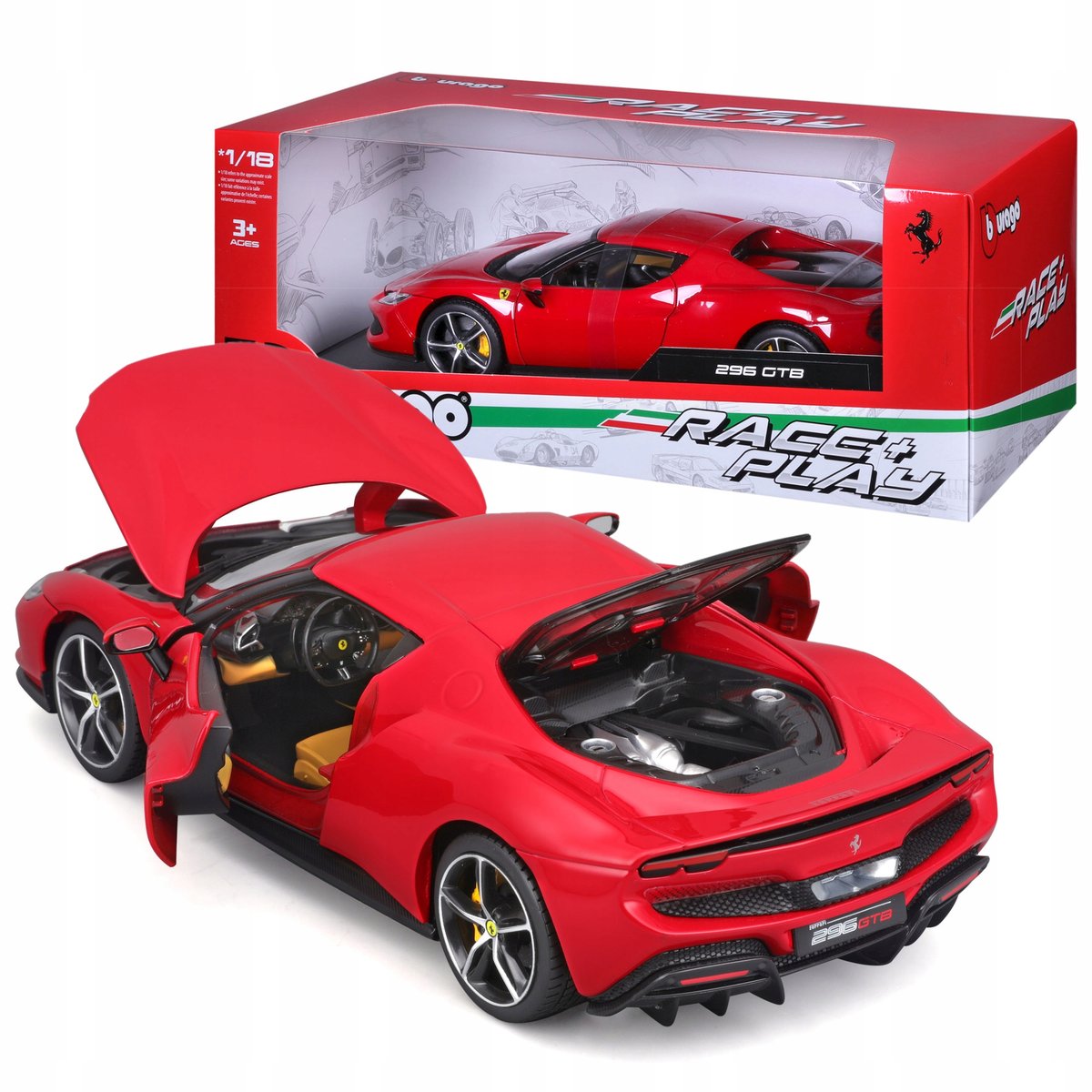 Ferrari 296 GTB 1:18 Bburago 18-16018 CZERWONY WŁOSKI SAMOCHÓD