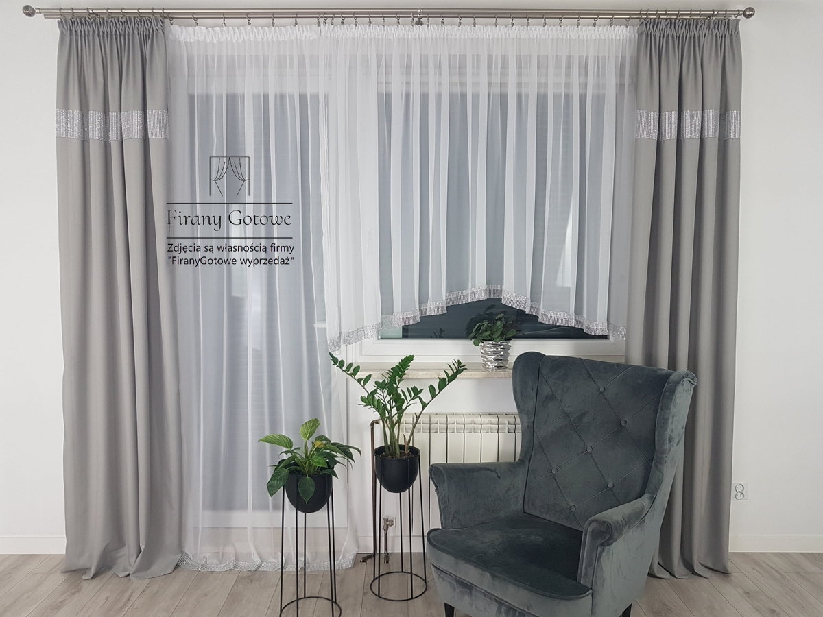 Komplet balkonowy z cyrkoniami, firanki balkonowe, firany gotowe