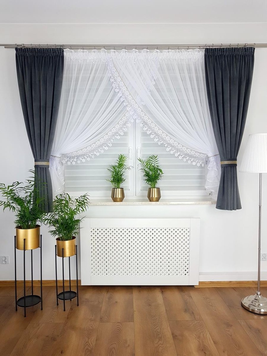 Elegancki zestaw firany i zasłony welurowe - ciemnoszary, zestaw do salonu