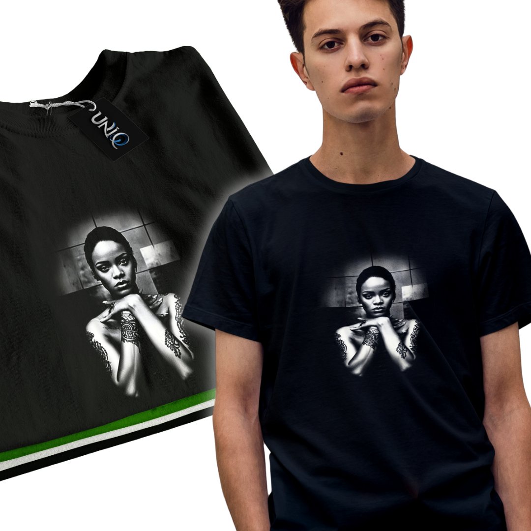 NA PREZENT T-shirt RIHANNA koszulka z nadrukiem CZARNY T-SHIRT BAWEŁNA L
