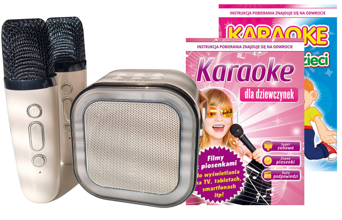 FIRMOWY GŁOŚNIK BT, 2 MIKROFONY BEZPRZEWODOWE, Karaoke dla Dziewczynek MP4