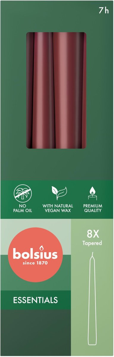 Świeca stołowa stożek szpica BOLSIUS Essentials 7H 24,5CM 8szt. AKSAMITNA CZERWIEŃ