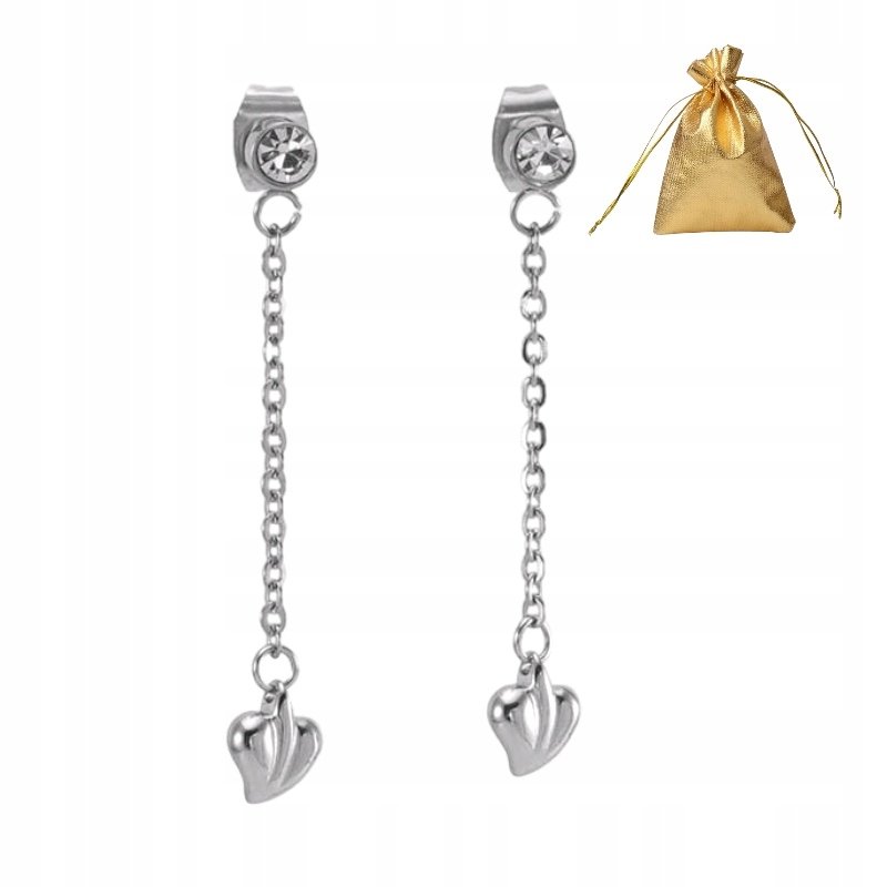Kolczyki srebrne wiszące z cyrkonią i serduszkiem Stal Ch.316L Sztyft 37mm