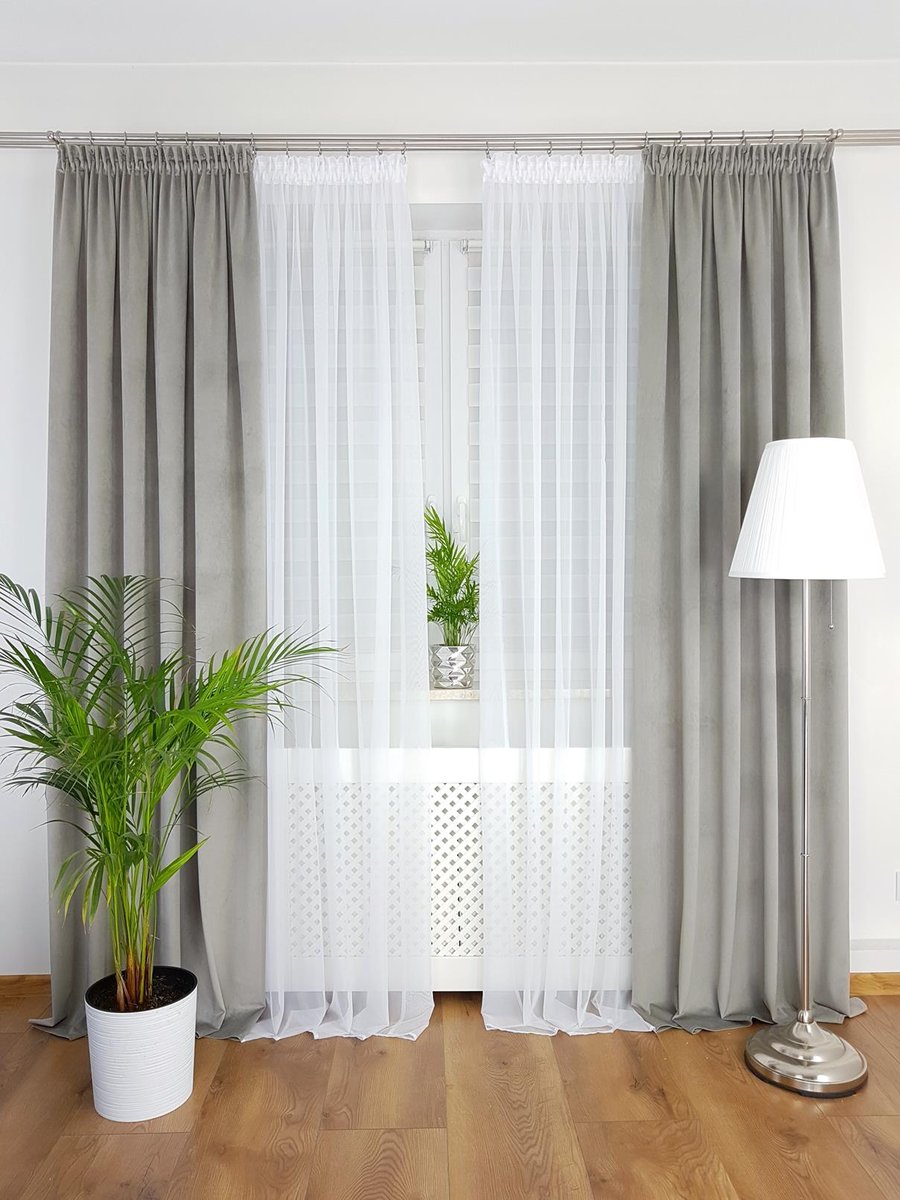 Zasłona welurowa - jasnoszara, zasłona gotowa na taśmie do salonu