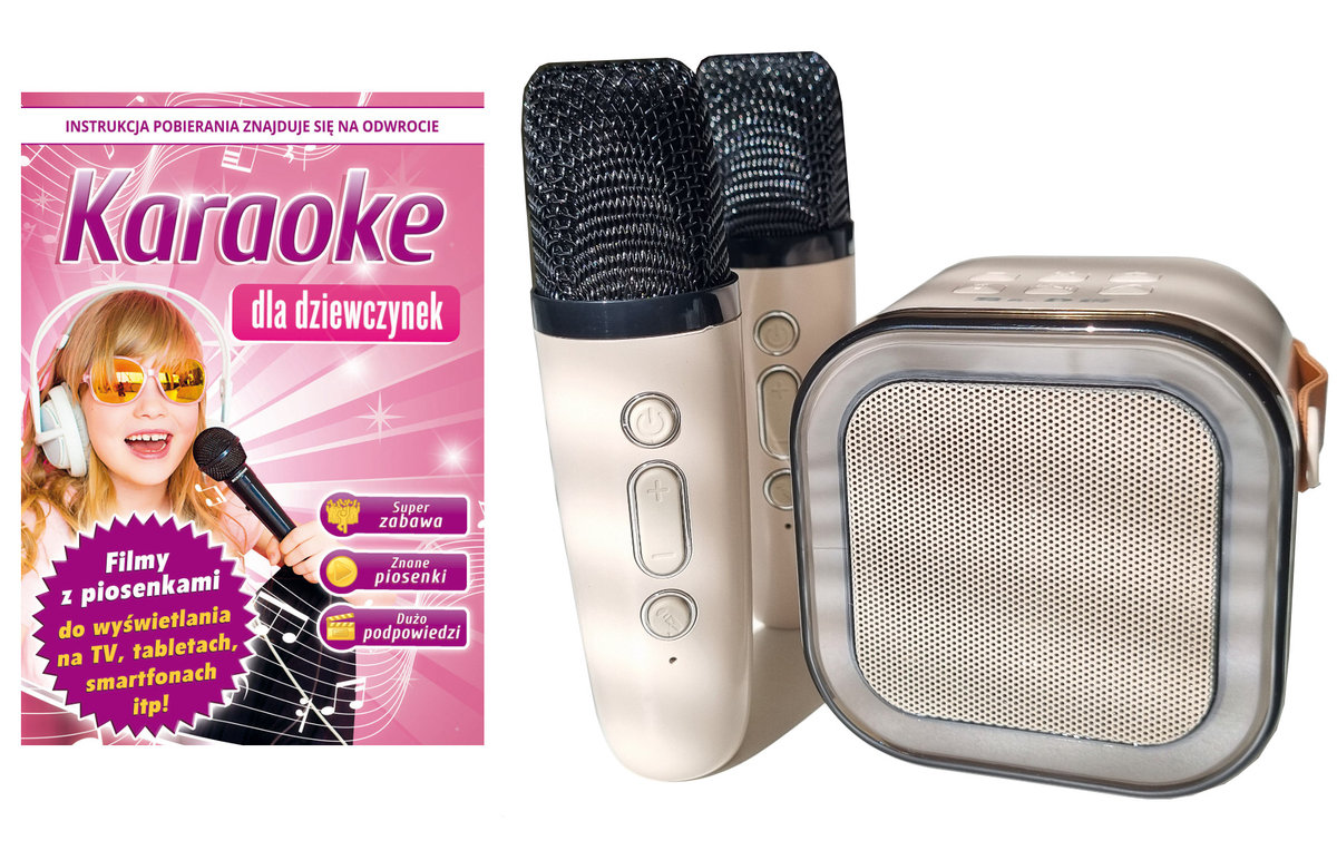 FIRMOWY GŁOŚNIK BT, 2 MIKROFONY BEZPRZEWODOWE, Karaoke dla Dziewczynek MP4