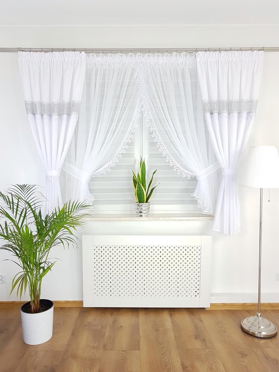 Firana z zasłonami, komplet dekoracyjny- biały, elegancki zestaw do salonu