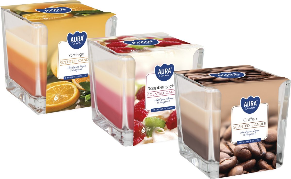 ZESTAW Świeca zapachowa w szkle trójkolorowa BISPOL Aura 32H MIX 3szt.