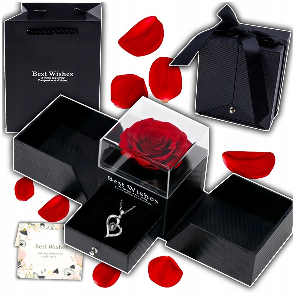 WIECZNA RÓŻA W SZKLE Z NASZYJNIKIEM PREZENT NA WALENTYNKI DLA NIEJ