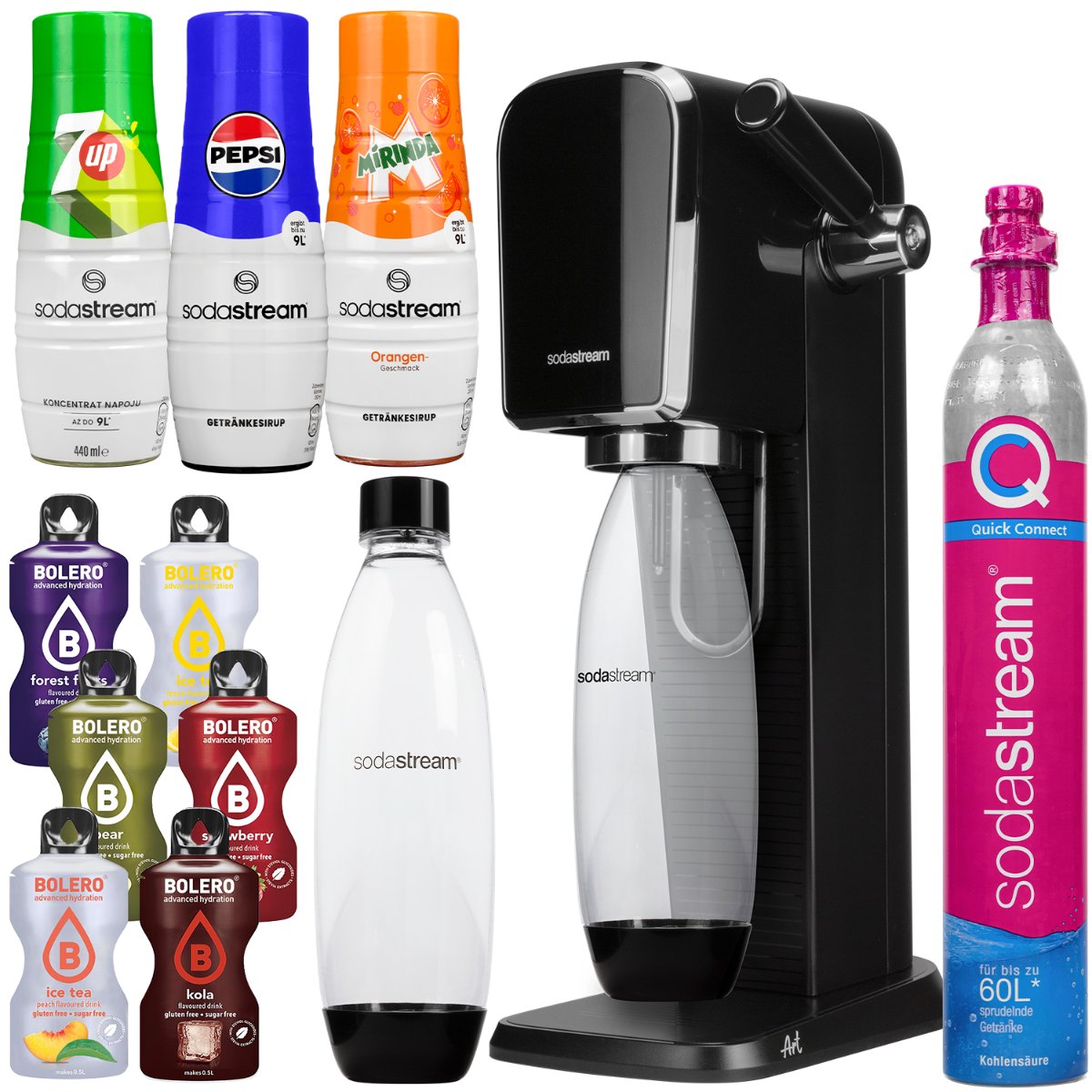 Saturator do wody SODASTREAM ART - czarny zestaw z butlą i syropami Pepsi 7up Mirinda napoje gazowane domowy ekspres na wodę gazowaną Quick Connect