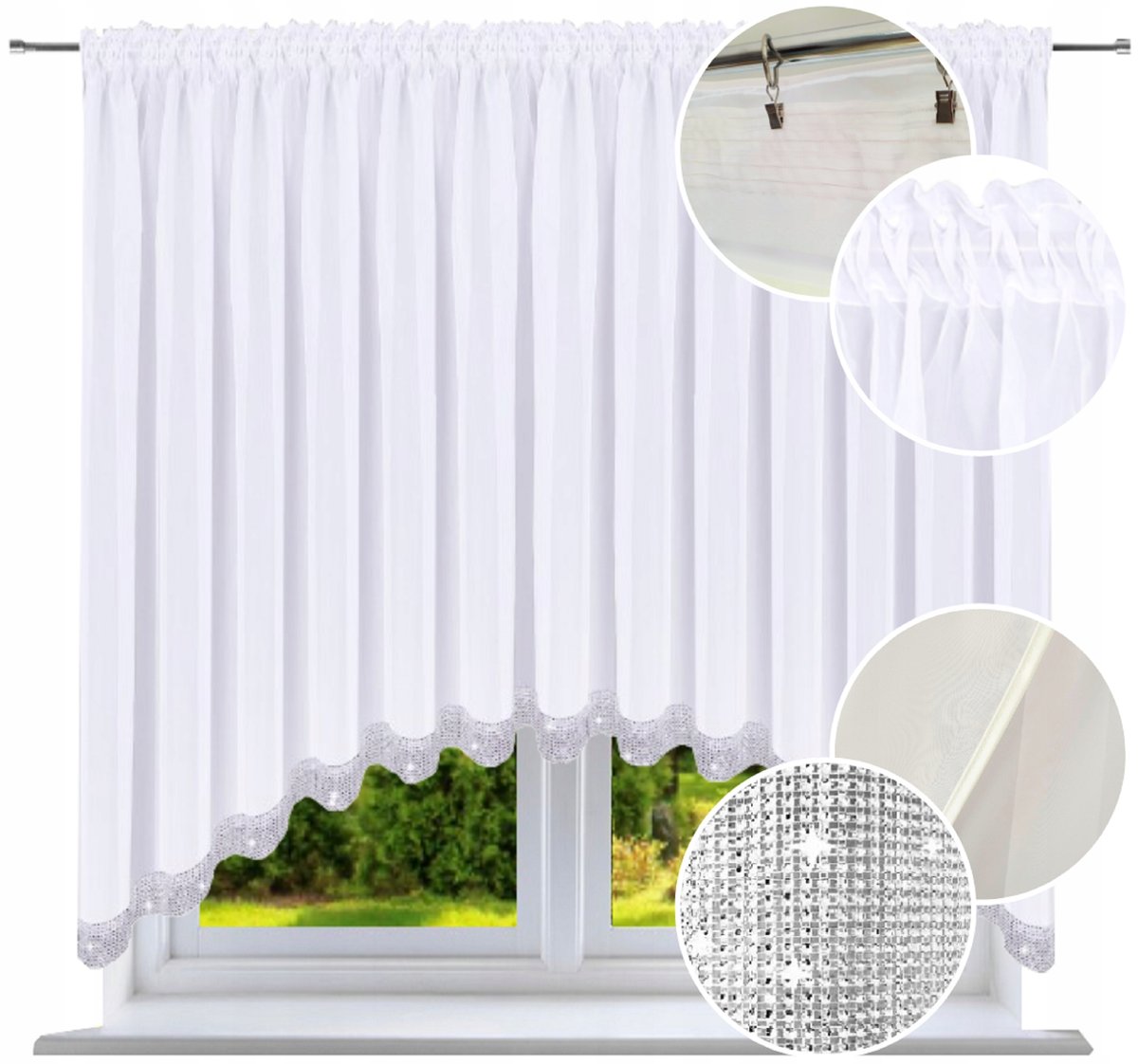 Firana gotowa z cyrkoniami w łuk 170x200 klasyczna firany gładkie białe