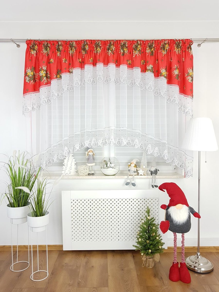 Firana świąteczna z haftem-czerwona, świąteczne firanki