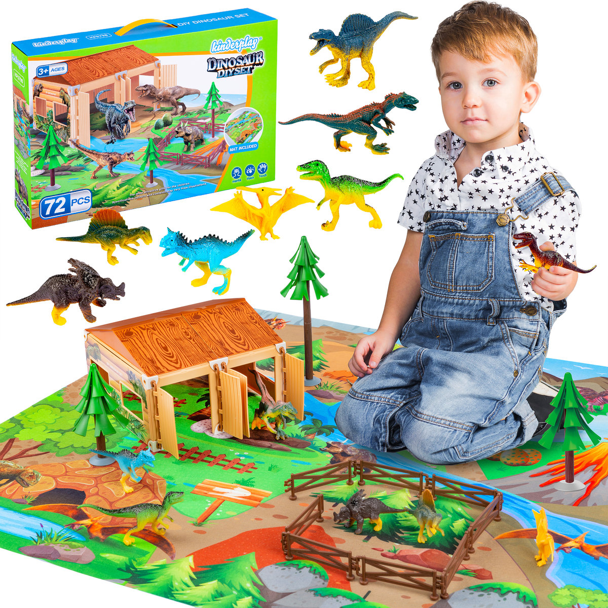 KINDERPLAY ZESTAW FIGURKI DINOZAURY Z MATĄ - ZAGRODA 72 ELEMENTÓW