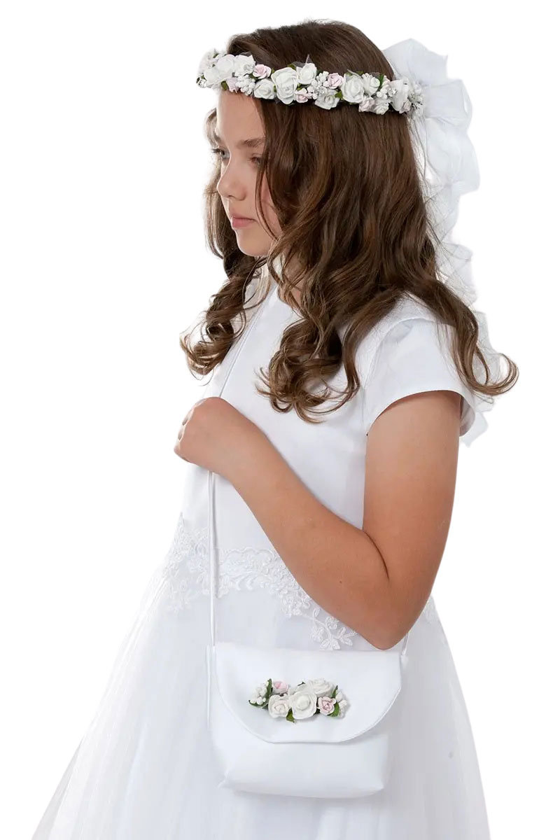 Torebka komunijna dla dziewczynki z satyny przez ramię torebki komunijne Madomi model TB09