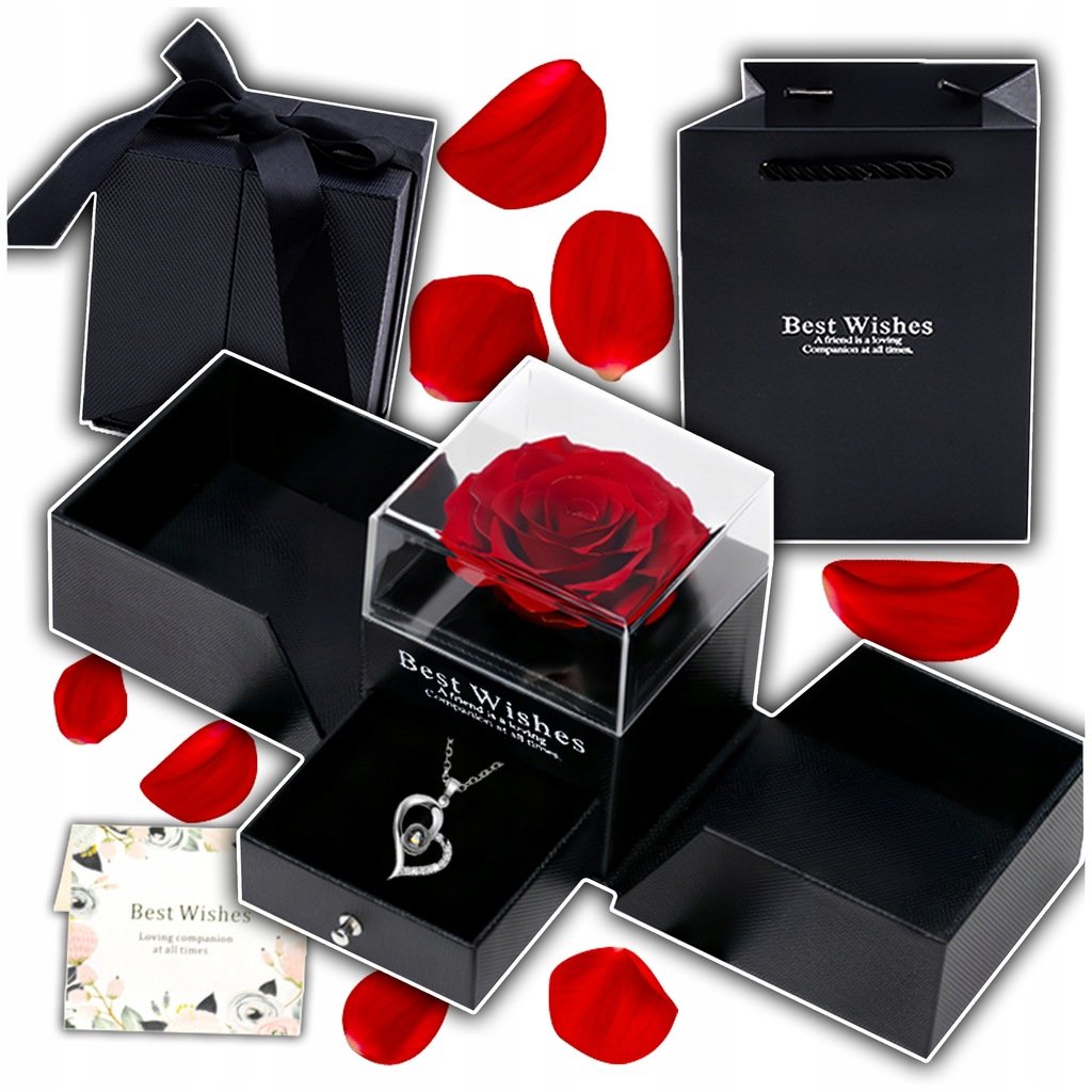 WIECZNA RÓŻA W SZKLE Z NASZYJNIKIEM PREZENT NA WALENTYNKI DLA NIEJ