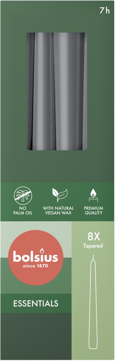 Świeca stołowa stożek szpica BOLSIUS Essentials 7H 24,5CM 8szt. BURZOWY SZARY