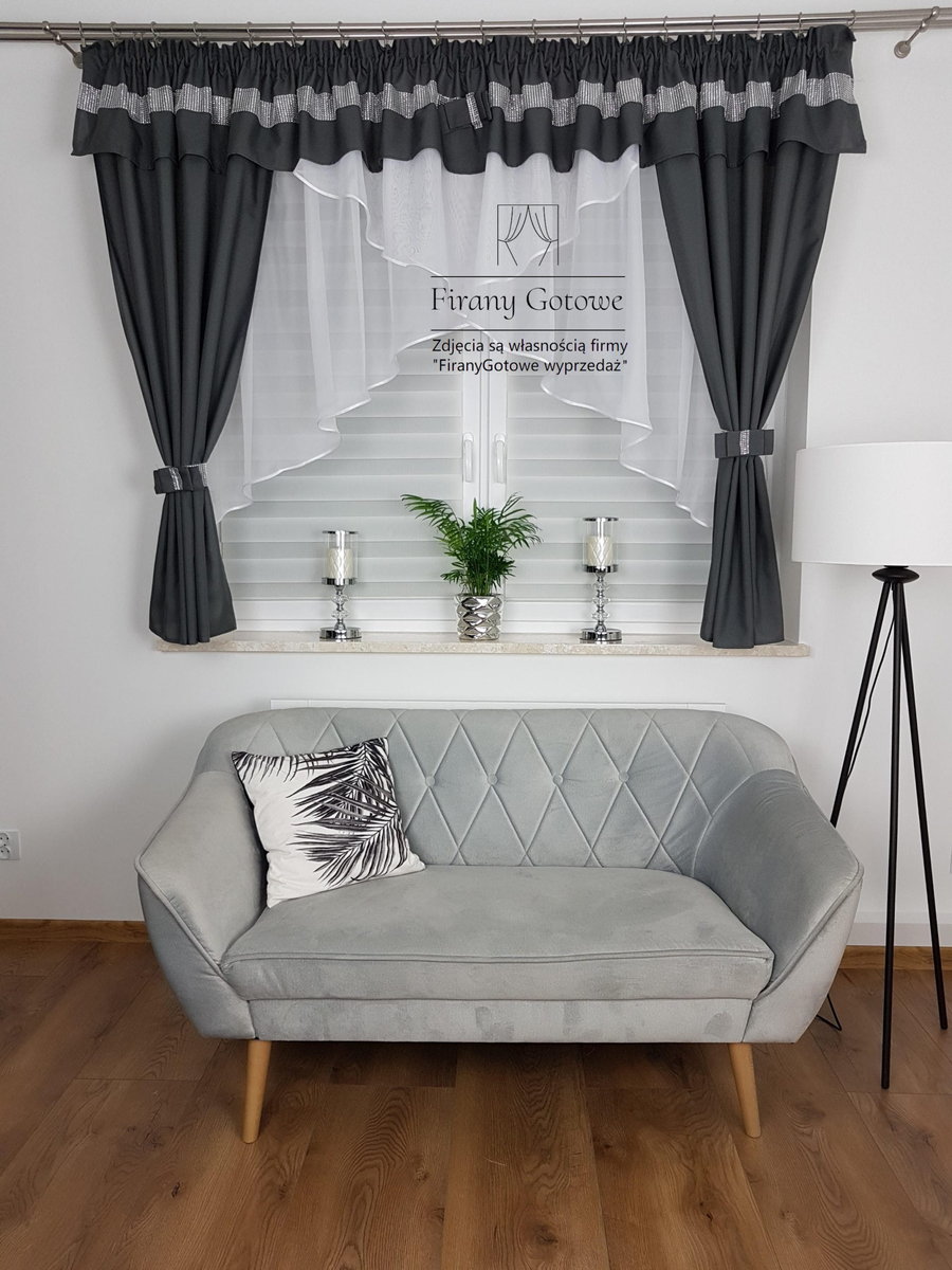 Firana gotowa z zasłonami i lambrekinem- szara, nowoczesne firanki do kuchni