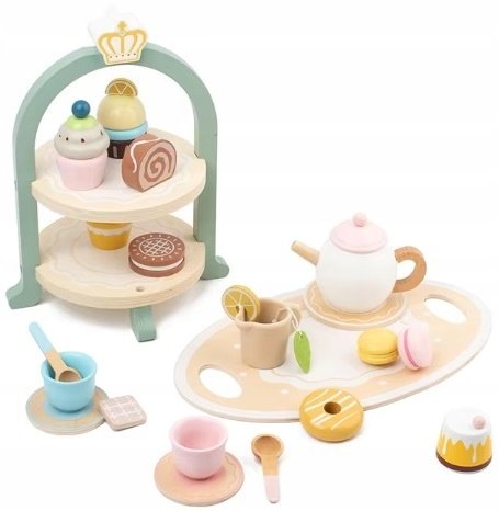 Duży drewniany zestaw herbaciany kawowy serwis cukiernia patera (W056)