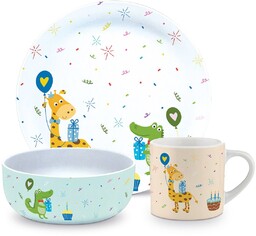 ZESTAW NACZYŃ PORCELANOWYCH DLA DZIECKA: KUBEK, MISKA I TALERZ Żyrafa i krokodyl