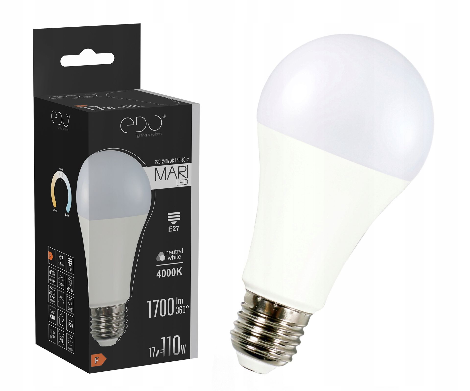 Edo Żarówka Led E27 17W 110W 4000K Neutralna Mleczna Mocna 1700lm A65