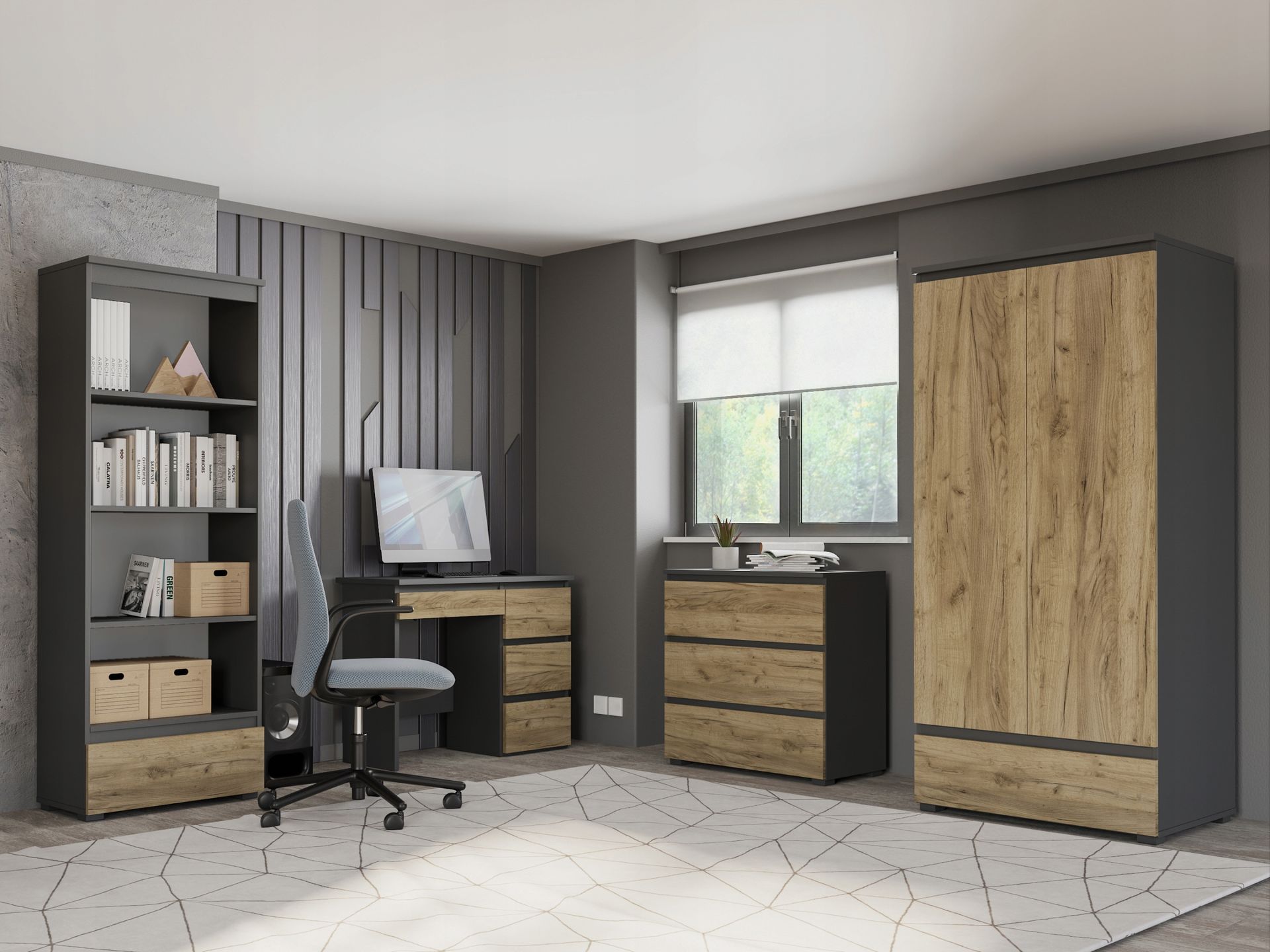 Meble dziecięce młodzieżowe zestaw biurko Neo 03 Kolor Antracyt- Dąb Craft