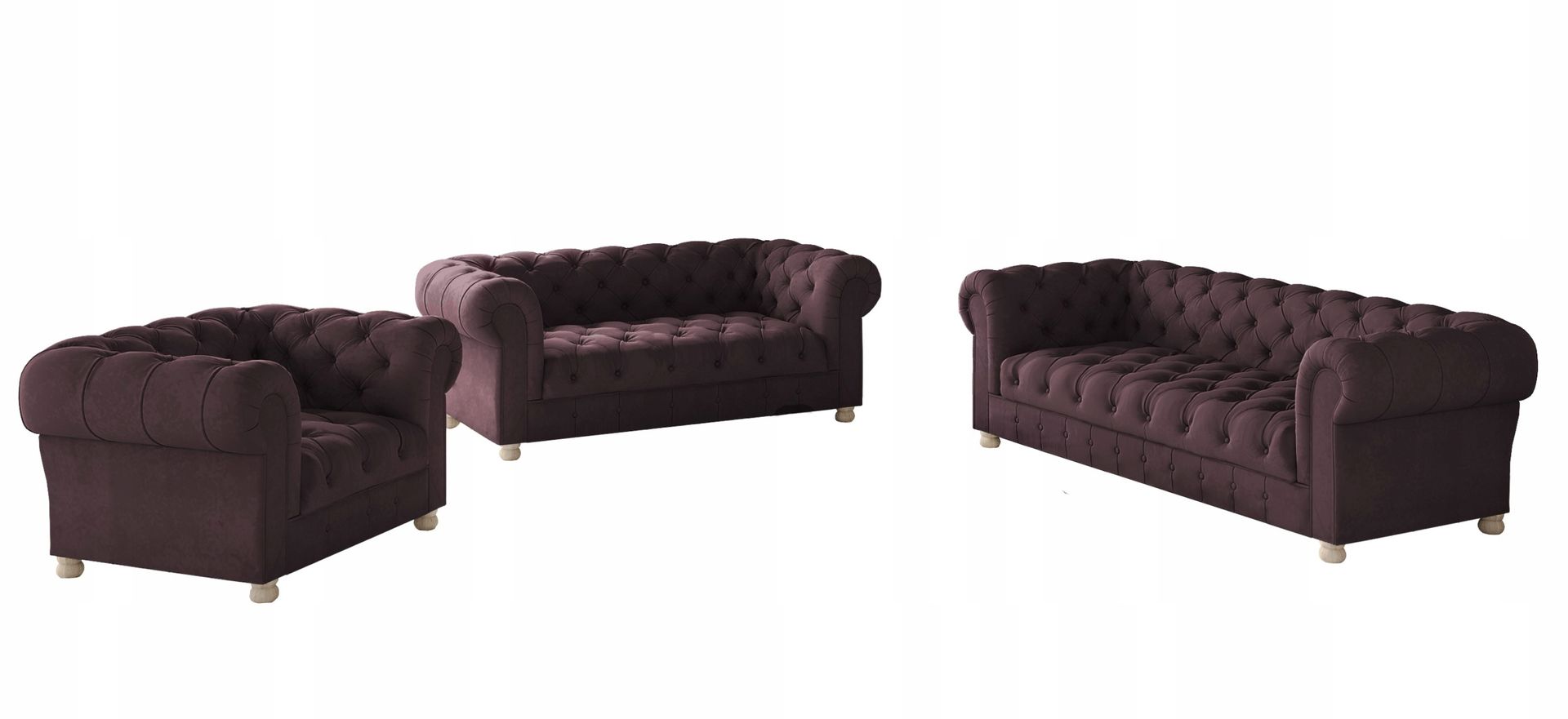 Pikowany komplet wypoczynkowy 3+2+1 Chesterfield tkanina Whisper winny