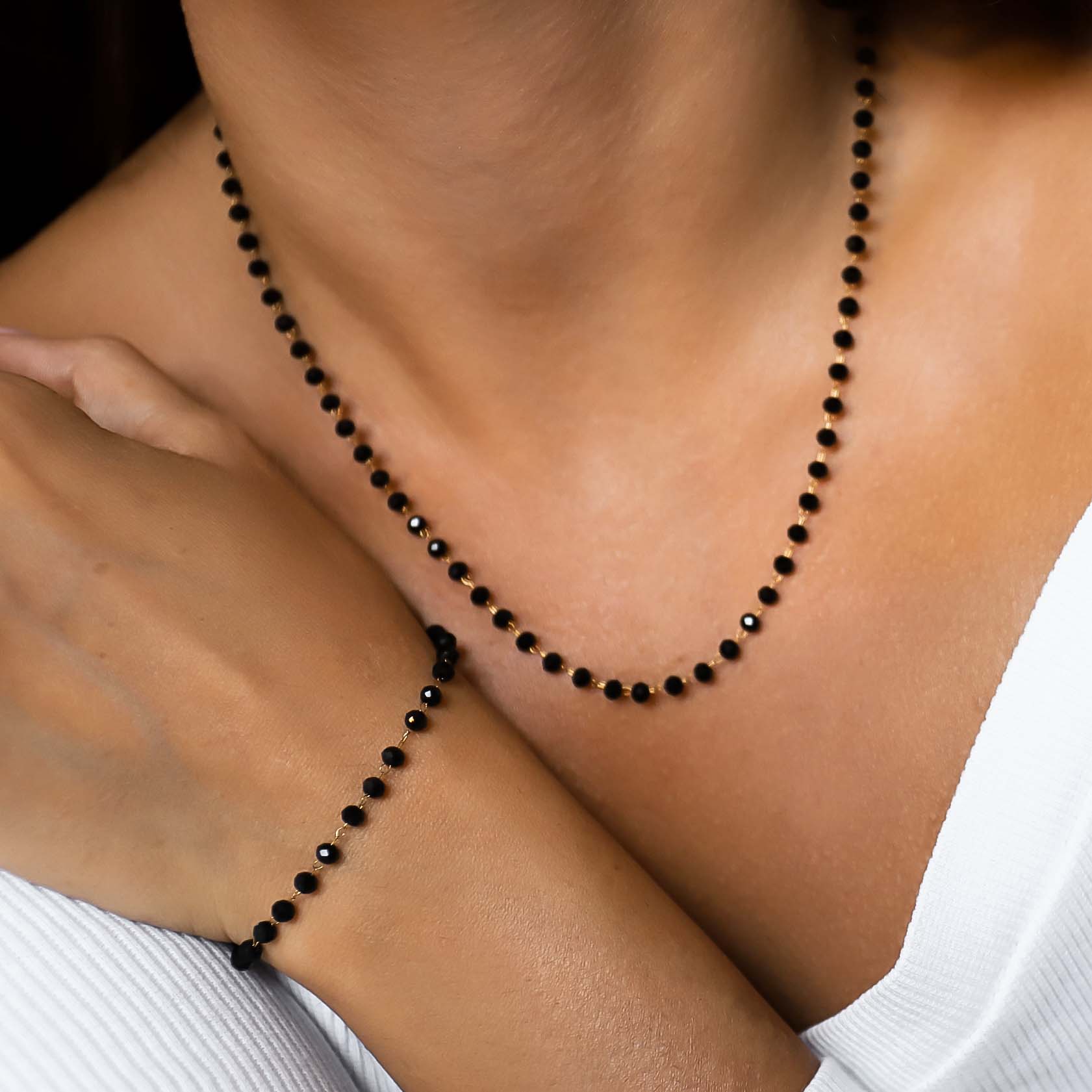 Komplet damski czarne koraliki naszyjnik i bransoletka