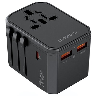 Uniwersalna ładowarka podróżna USB-C 2x USB-A PD 30W wtyczki USA EU UK AU czarna