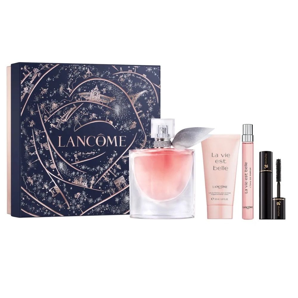 La Vie Est Belle zestaw woda perfumowana spray 100ml + woda perfumowana spray 10ml + balsam do ciała 50ml + mini tusz do rzęs 2ml