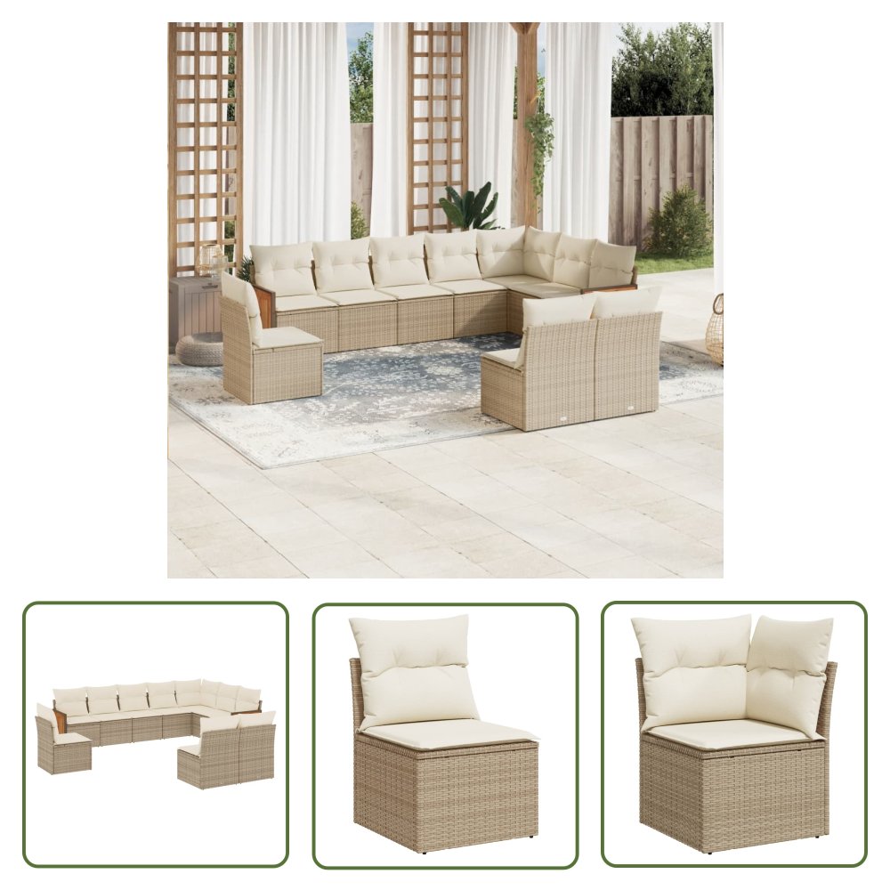 The Living Store 10-cz. zestaw mebli ogrodowych z poduszkami - beżowy - polirattan - Sofa Ogrodowa