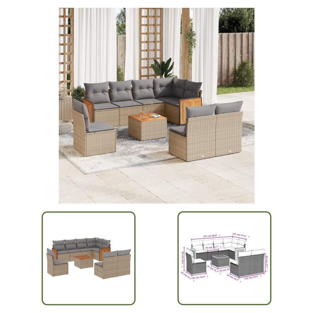 The Living Store 9-cz. zestaw mebli ogrodowych z poduszkami - beżowy - polirattan - Sofa Ogrodowa