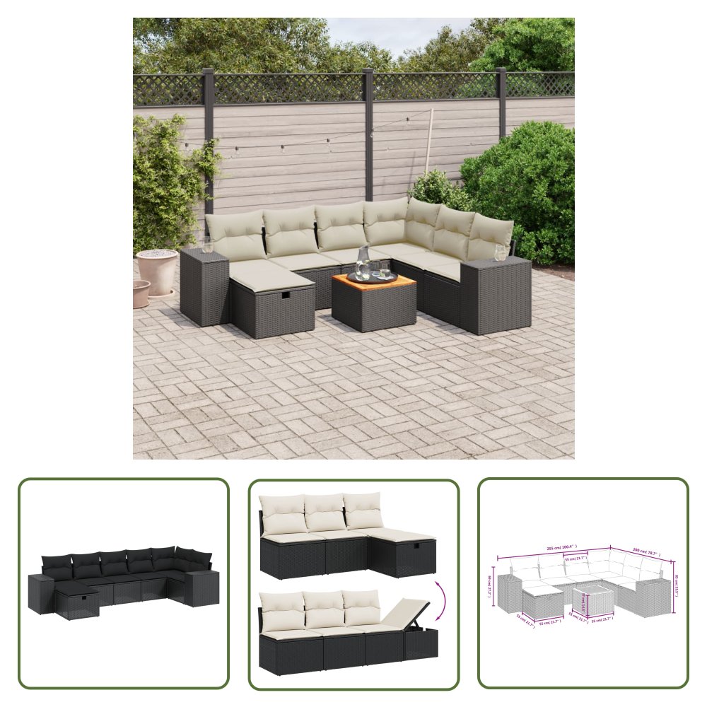 The Living Store 8-cz. zestaw wypoczynkowy do ogrodu - z poduszkami - czarny - Sofa Ogrodowa