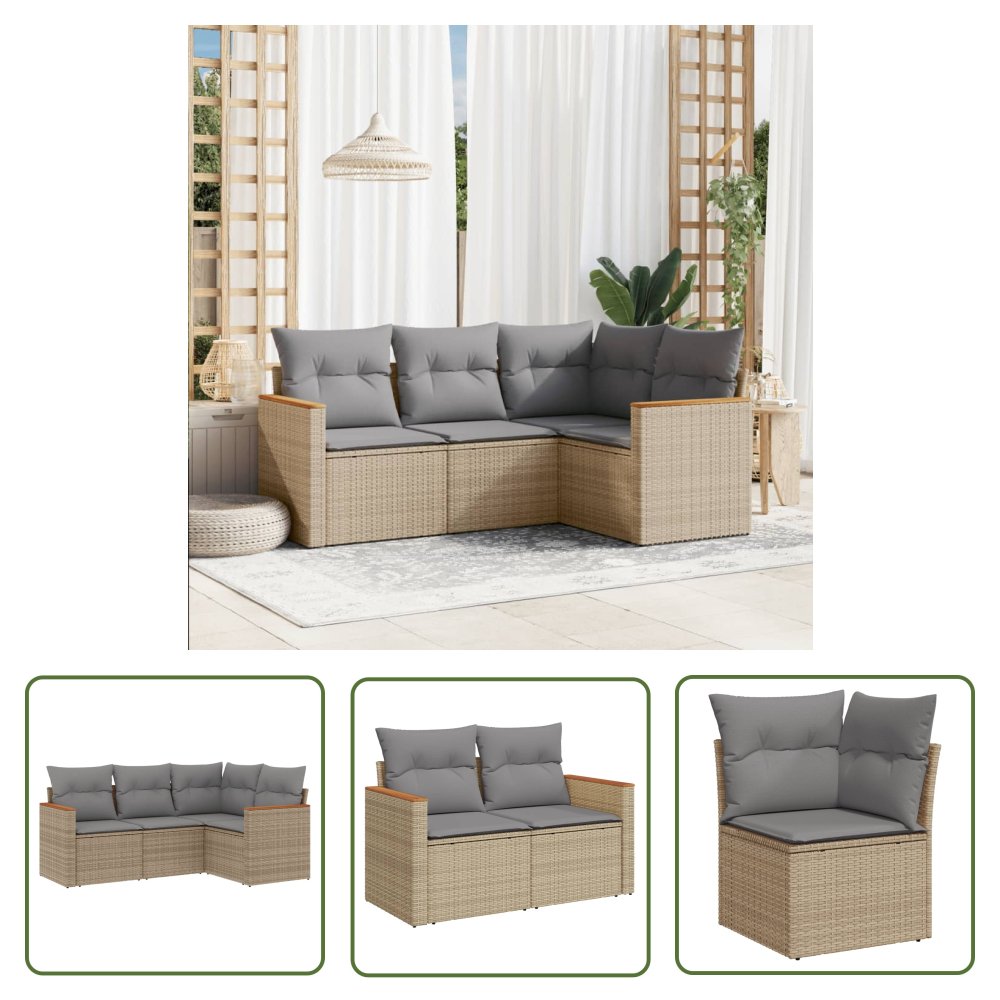 The Living Store 4-cz. zestaw mebli ogrodowych z poduszkami - mieszany beż - Sofa Ogrodowa