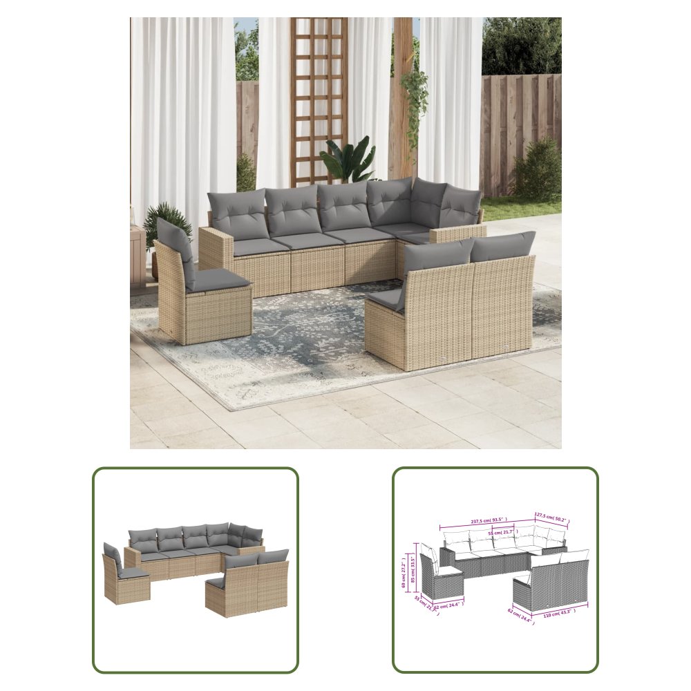 The Living Store 8-cz. zestaw mebli ogrodowych z poduszkami - beżowy - polirattan - Sofa Ogrodowa