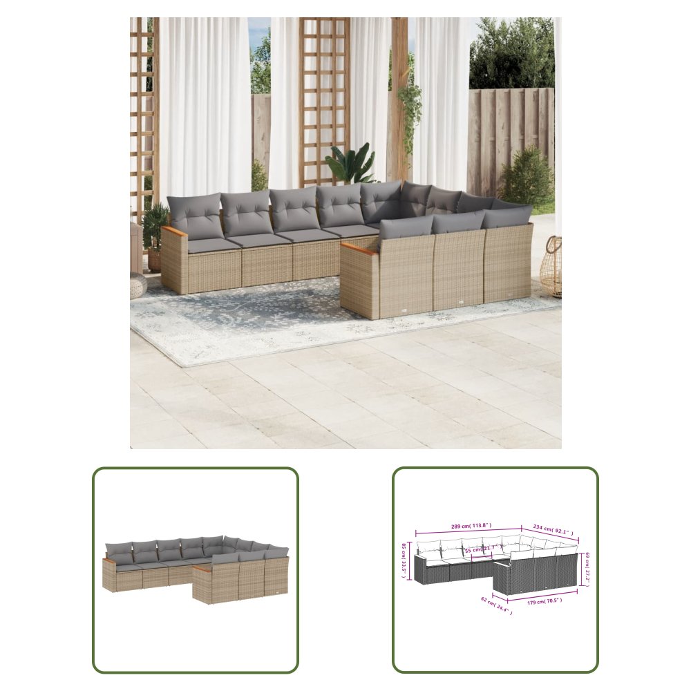 The Living Store 10-cz. zestaw mebli ogrodowych z poduszkami - beżowy - polirattan - Sofa Ogrodowa