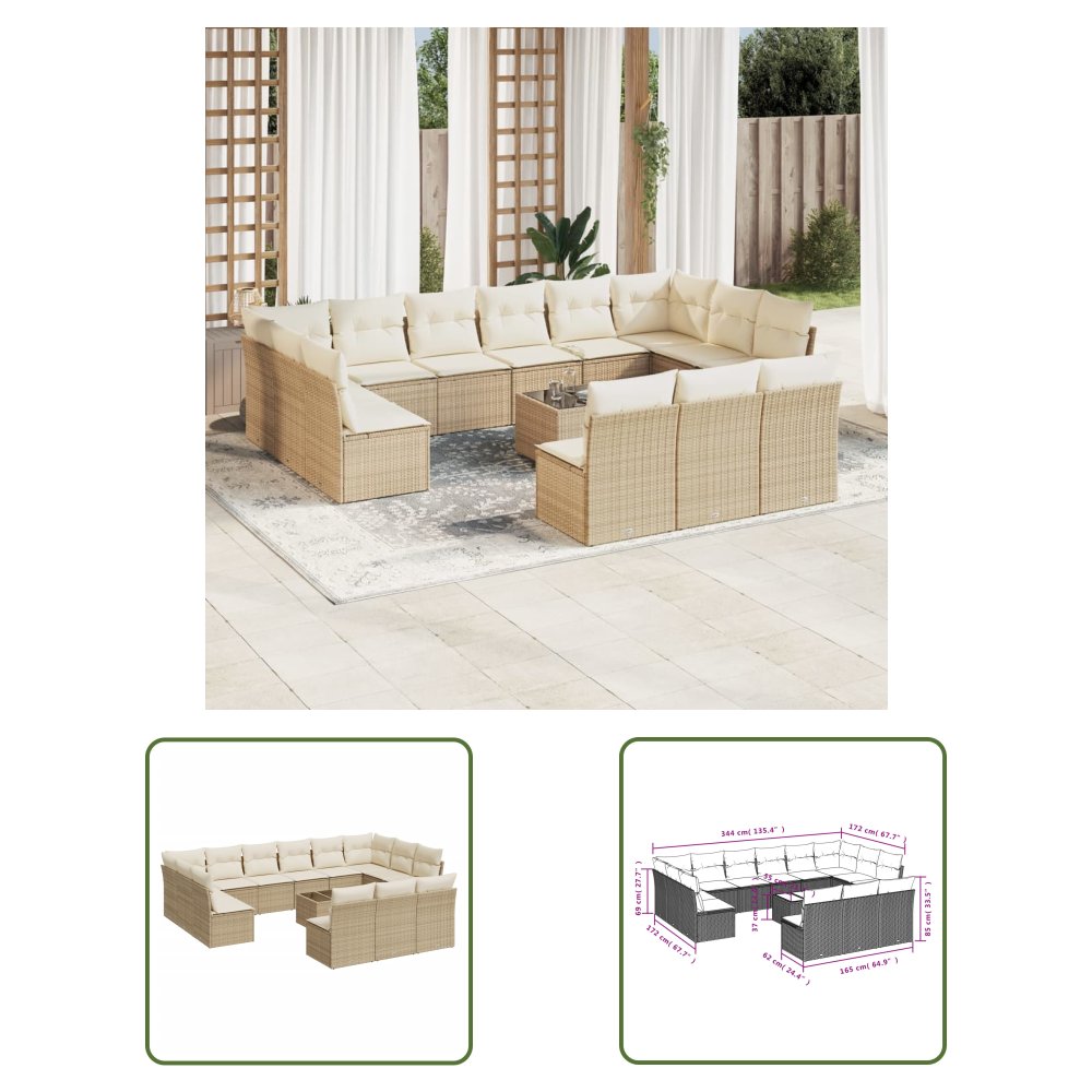 The Living Store 14-cz. zestaw mebli ogrodowych z poduszkami - beżowy - polirattan - Sofa Ogrodowa