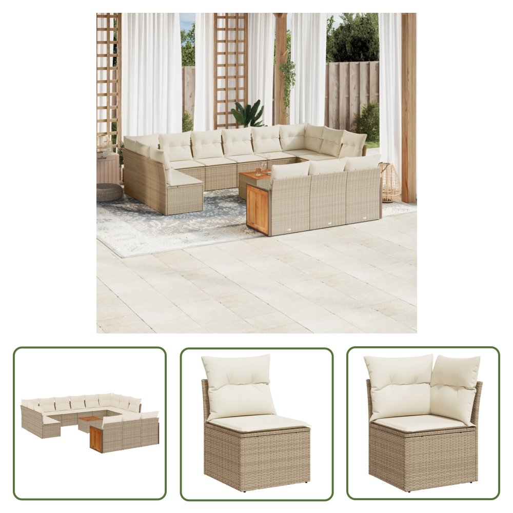 The Living Store 14-cz. zestaw mebli ogrodowych z poduszkami - beżowy - polirattan - Sofa Ogrodowa