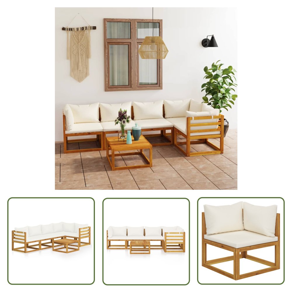 The Living Store 6-cz. zestaw wypoczynkowy do ogrodu - kremowe poduszki - akacja - Sofa Ogrodowa I Stół